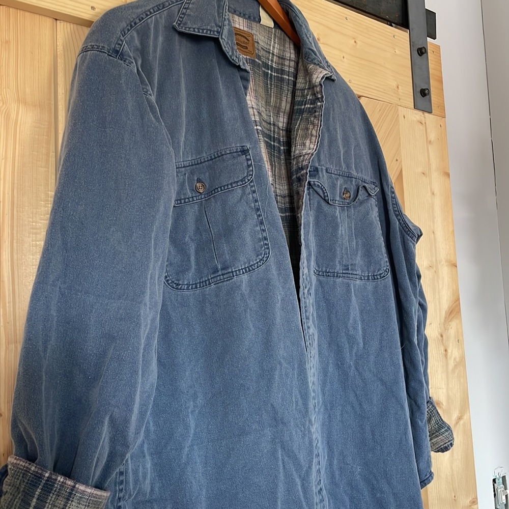 St. John's Bay Blue Denim-Look Button Shirt with Plaid Lining - Picture 2 of 3